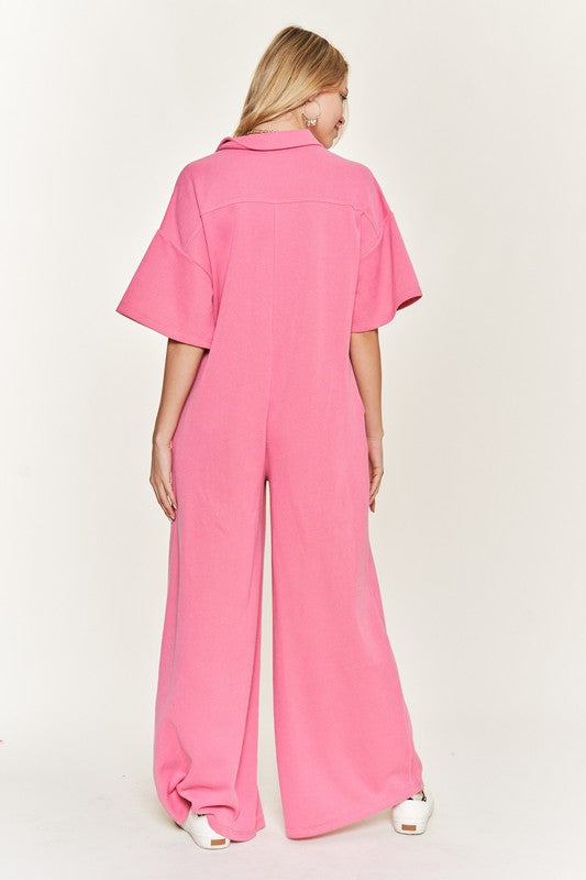 Basic Collar Shirt Wide Leg Jumpsuit-3 Colors