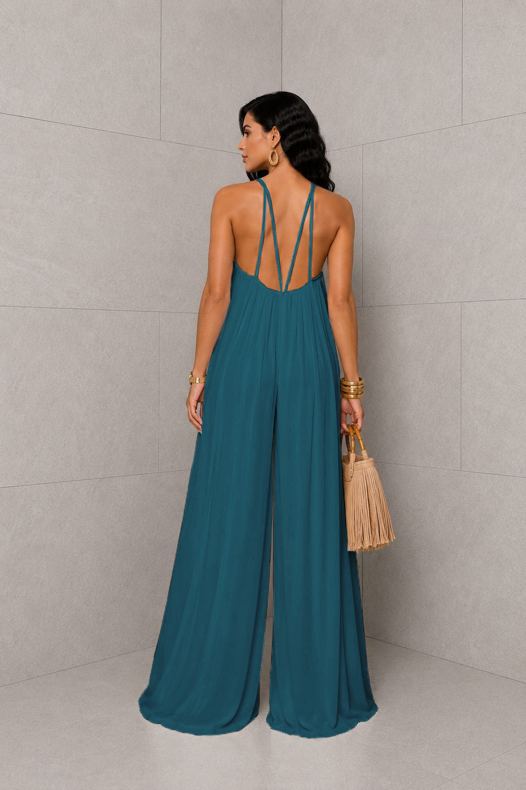 Raffia Topped Pleated Jumpsuit- Teal