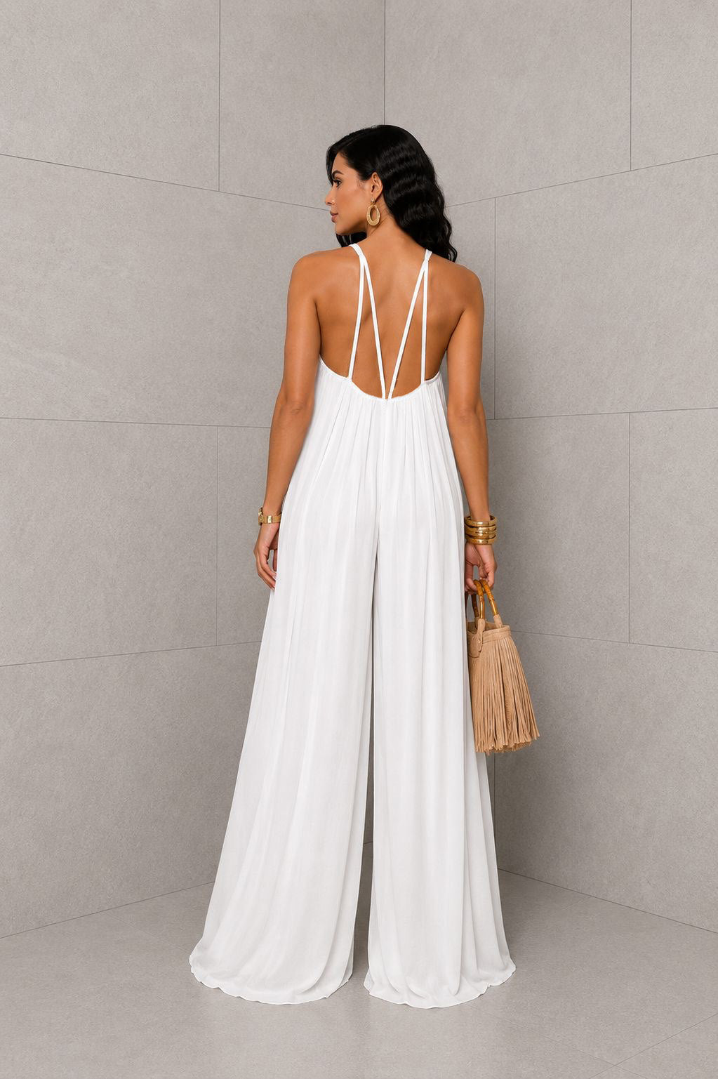 Raffia Topped Pleated Jumpsuit- White