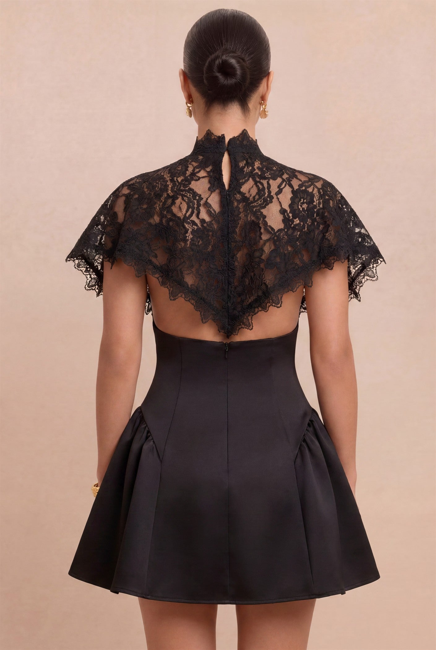 Lace Caped Mini Flare Dress- Black