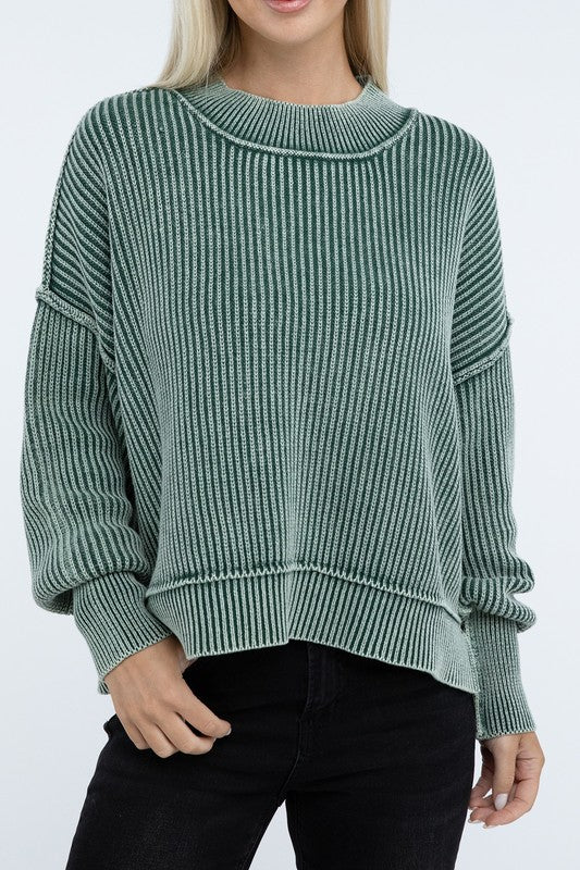 Washed Side Slit Oversized Cropped Sweater Top- 2 Colors