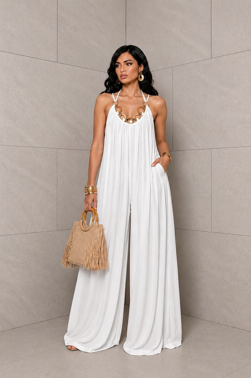 Raffia Topped Pleated Jumpsuit- White