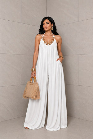 Raffia Topped Pleated Jumpsuit- White