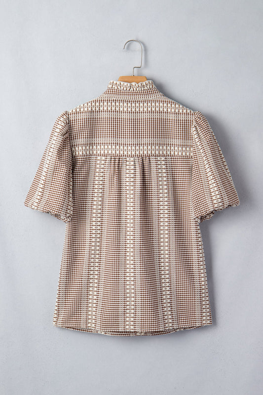 Western Pony Embroidered Gingham Puff Sleeve Blouse