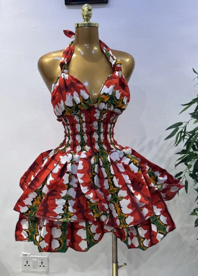 African Ankara Halter Dress- Red/Green/White