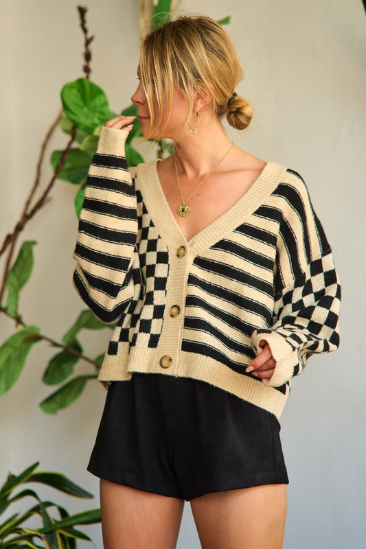 Plus Size Contrast Pattern Sweater Cardigan-3 Colors