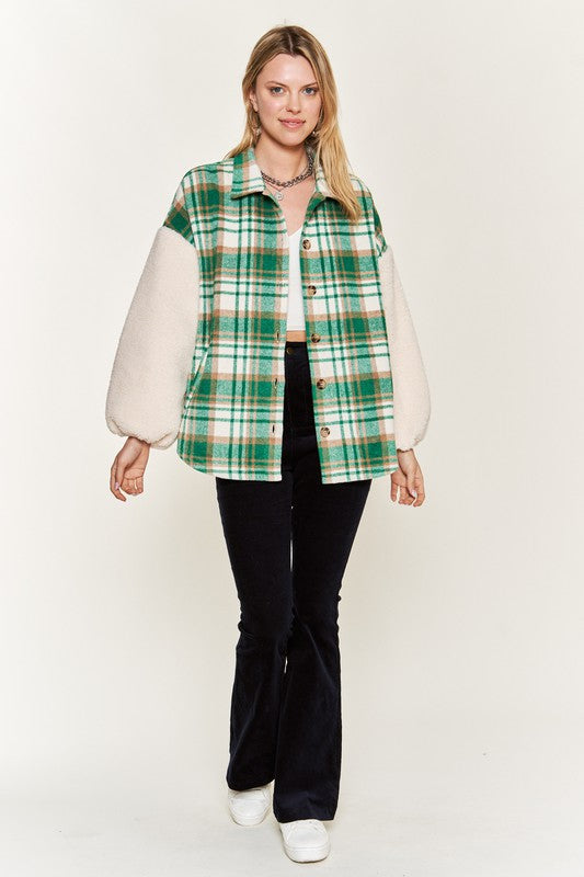 Plus Size Multi Plaid Fuzzy Sleeve Jacket