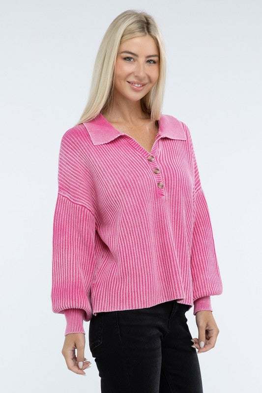 Washed Collared Henley Sweater Top- 6 Colors