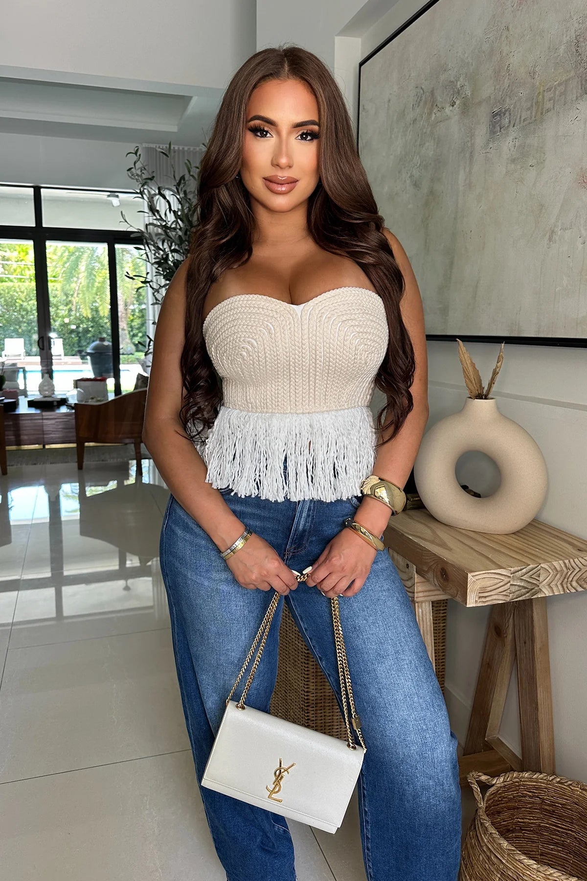 Fringe Cream Tube Top