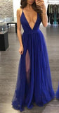 Convertible Tulle Plunge Bottom Mesh Blue Maxi Dress