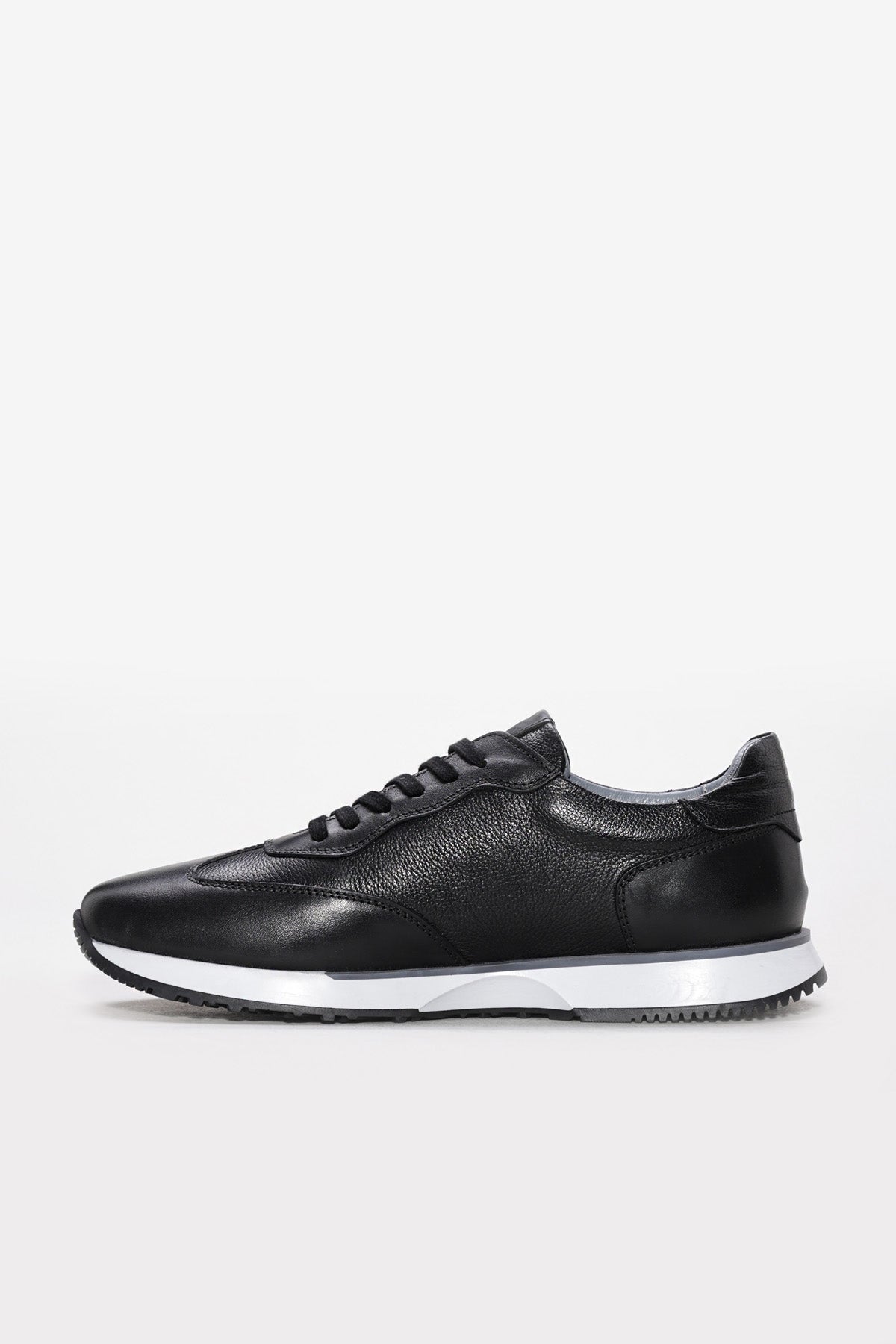 Black Leather Retro Runner Sneakers with White Sole | Wessi