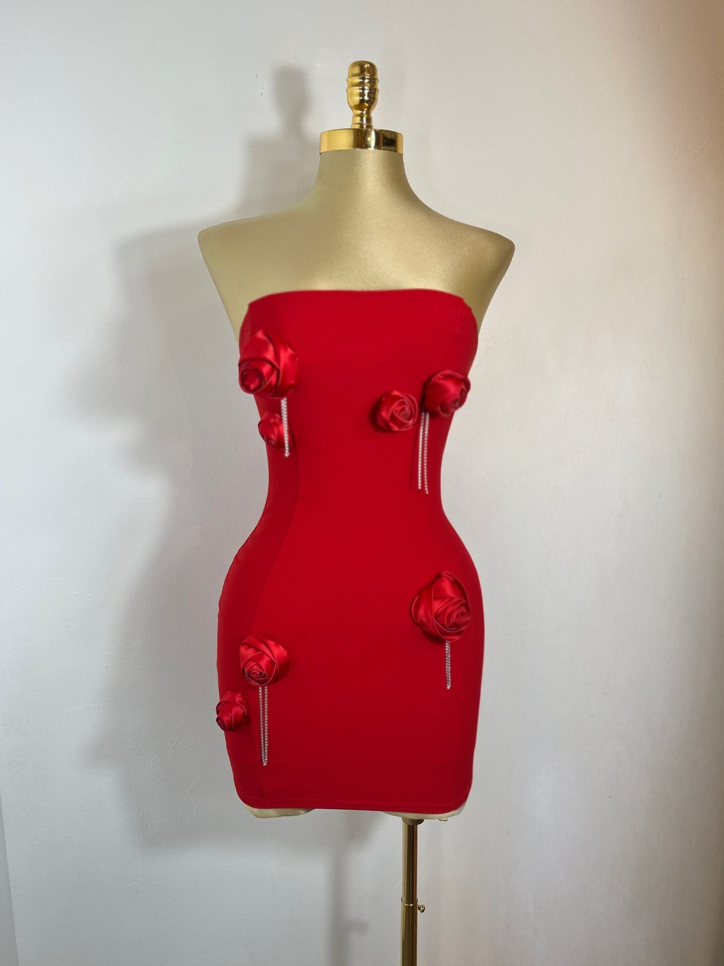 3D Rose & Rhinestone Black Sleeveless Mini Dress- Red