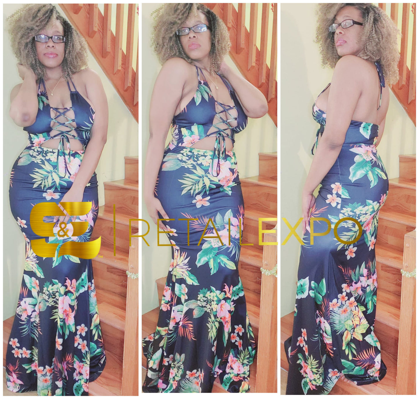 criss cross lace tie floral maxi dress