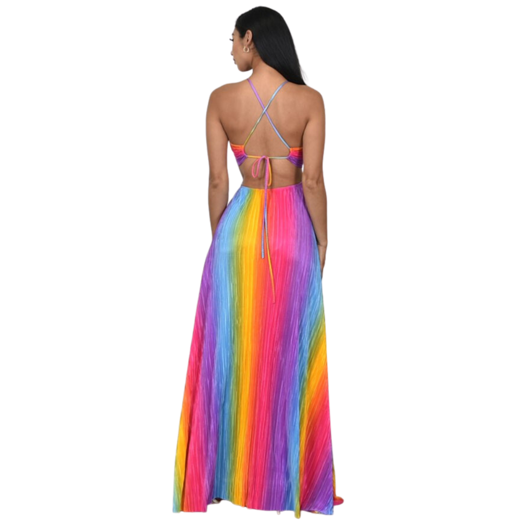 Rainbow Ribbed Cut-Out Halter Maxi Dress