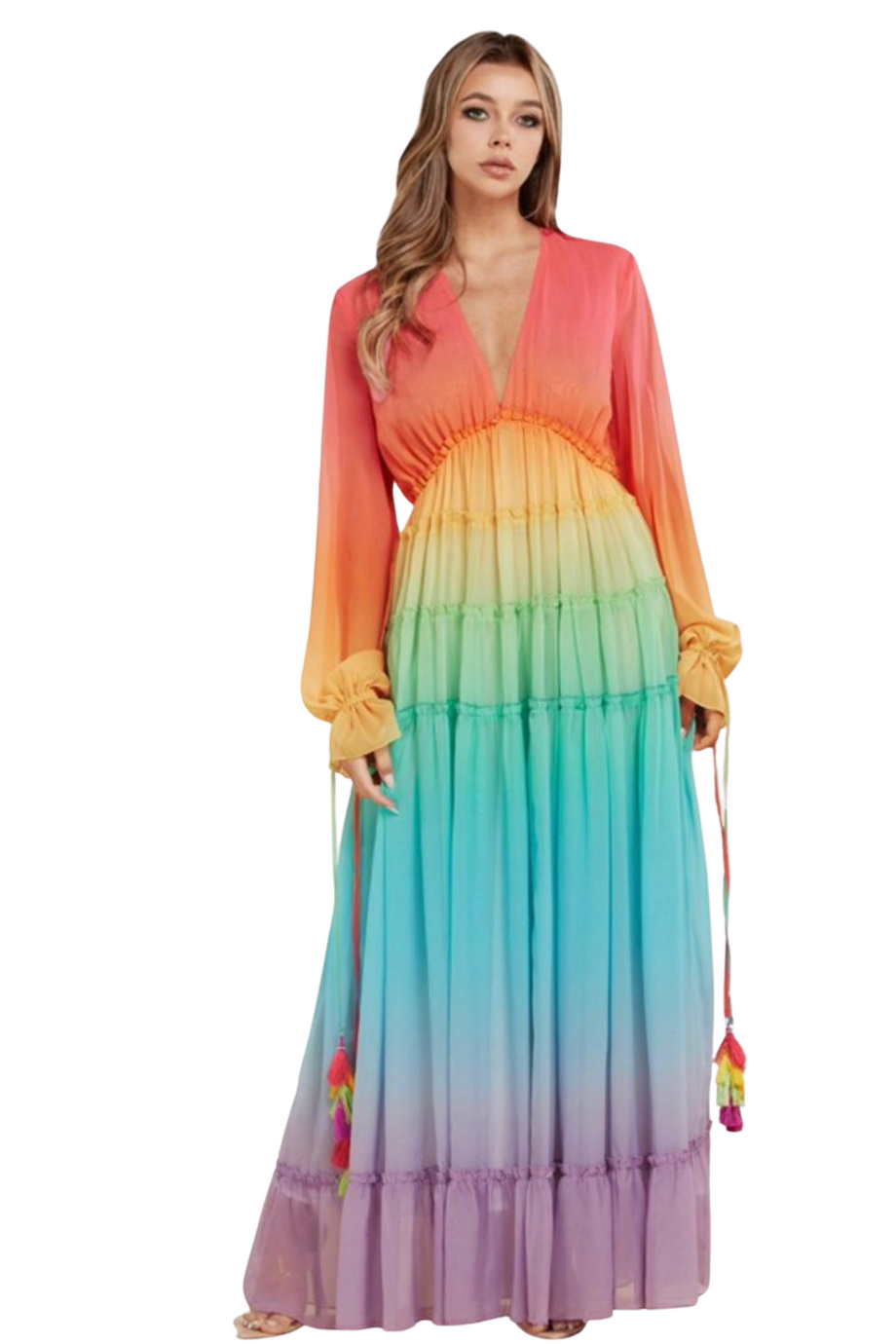 Ombre Chiffon Bubble Sleeve Maxi Dress