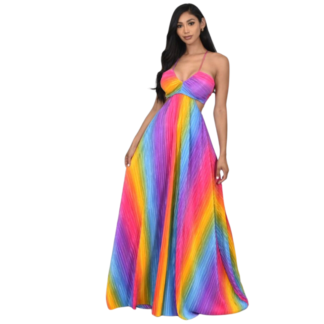 Rainbow Ribbed Cut-Out Halter Maxi Dress