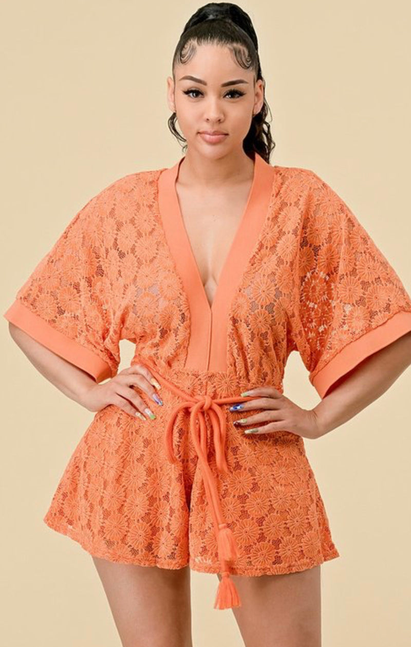 Crochet Flower Petal Romper- Orange