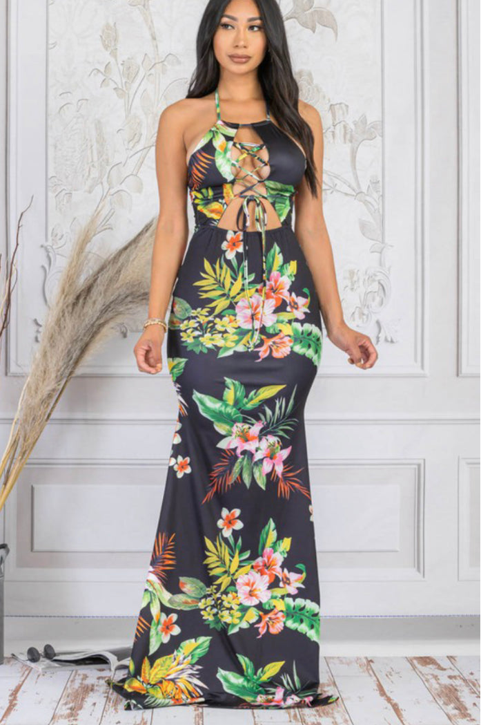 criss cross lace tie floral maxi dress