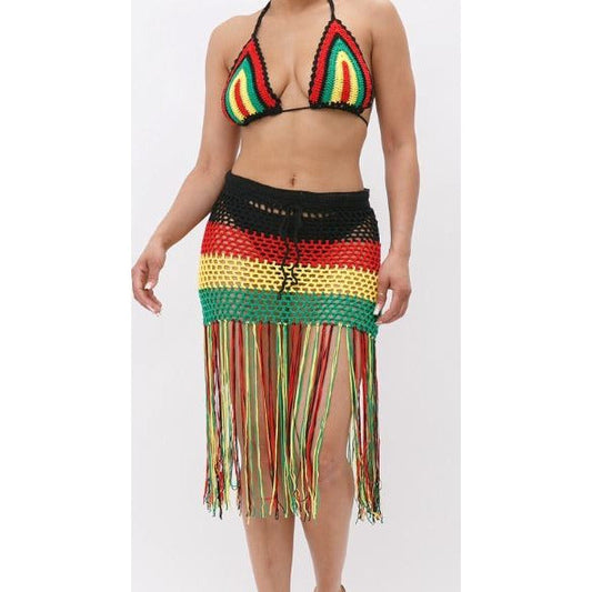 Rasta Reggae Jamaican Crochet Tasseled Swimwear Skirt Set