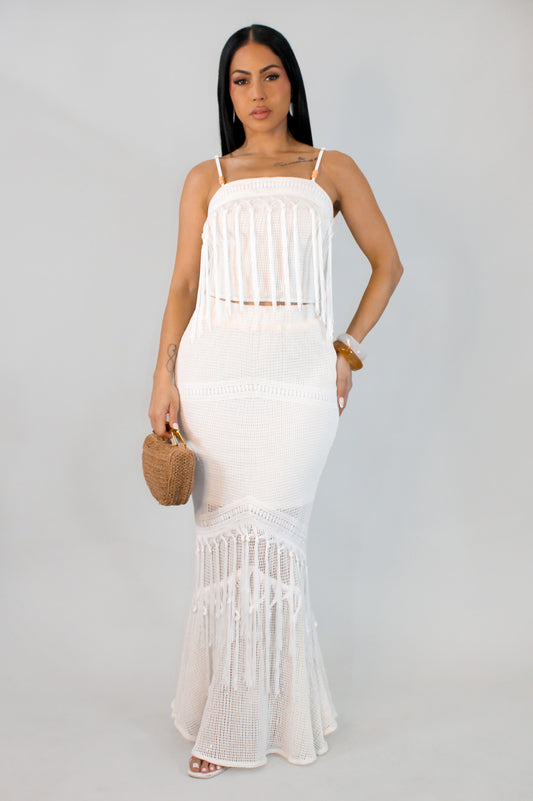 Knit Maxi Skirt & Tasseled Top Set- White #2