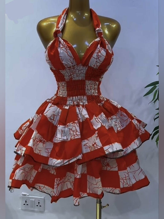 African Ankara Halter Dress- Red/White