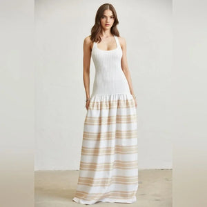 Knit Stripe Combo Maxi Dress- White