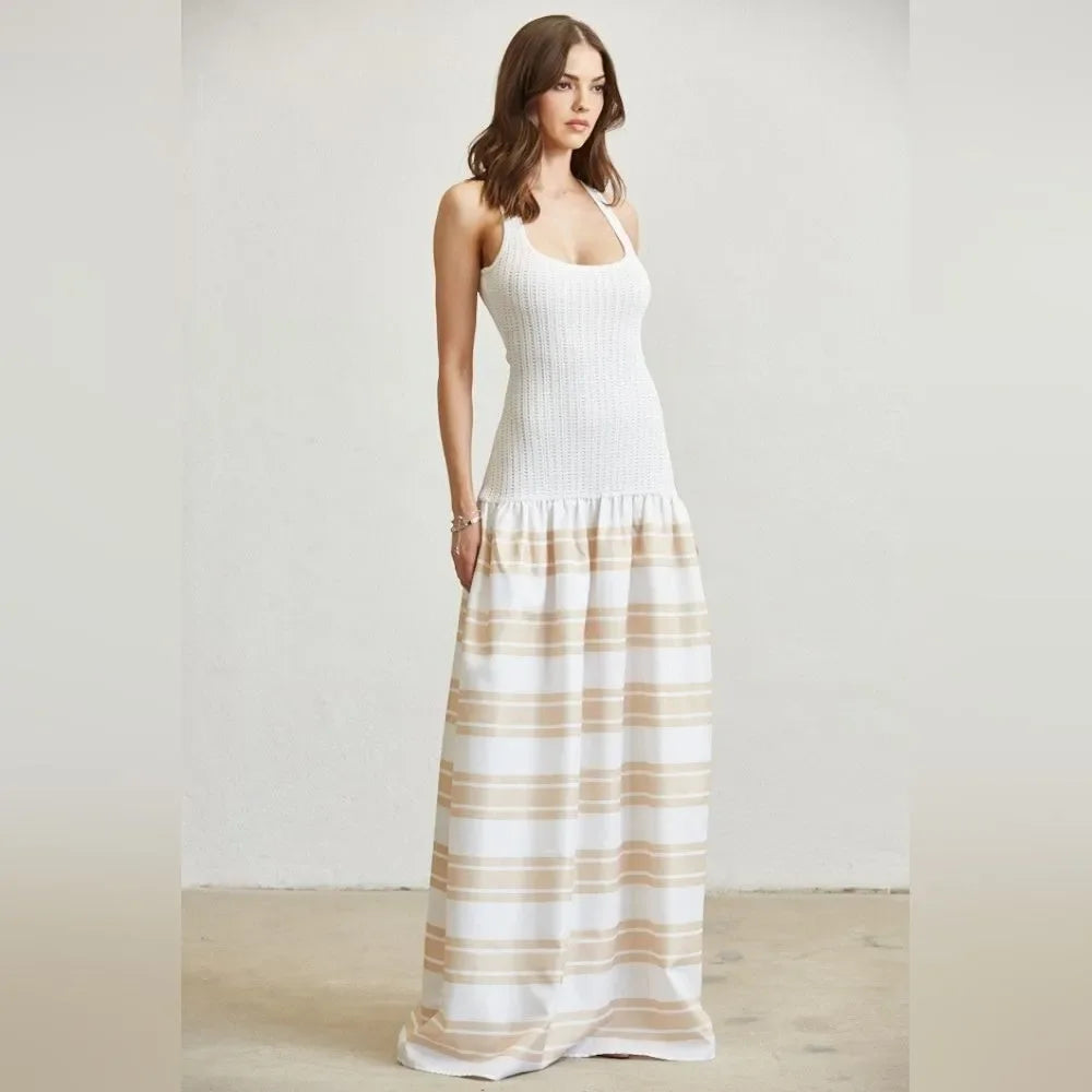 Knit Stripe Combo Maxi Dress- White