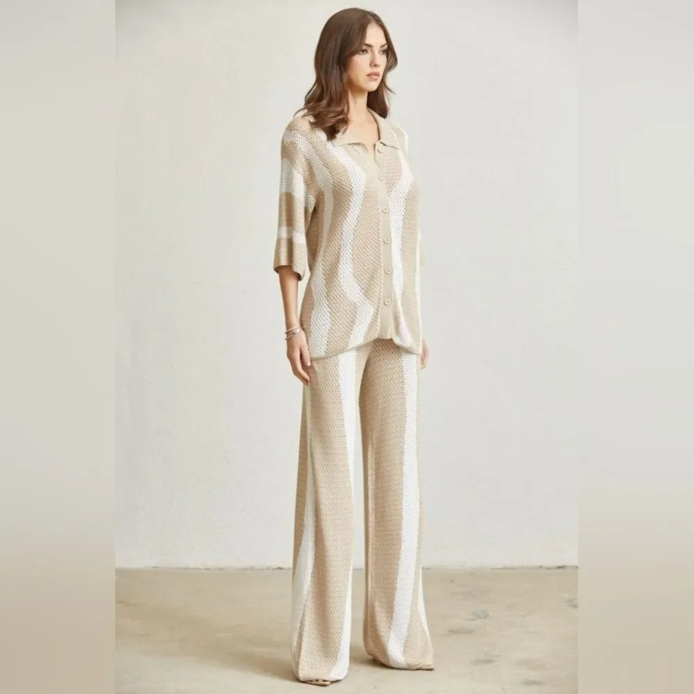 Rich Look Wavy Knit Top & Pants Set- Nude