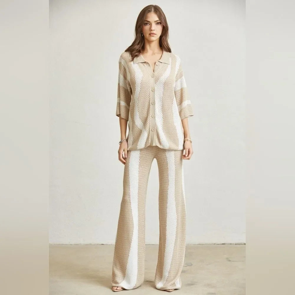 Rich Look Wavy Knit Top & Pants Set- Nude