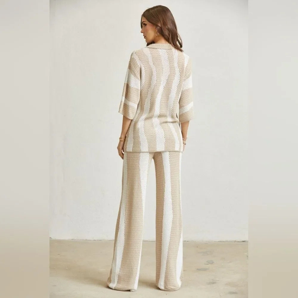 Rich Look Wavy Knit Top & Pants Set- Nude