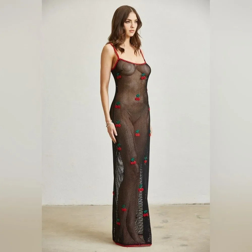 Cherry Open-Knit Maxi Dress/Lingerie/Swimwear Coverup- Black