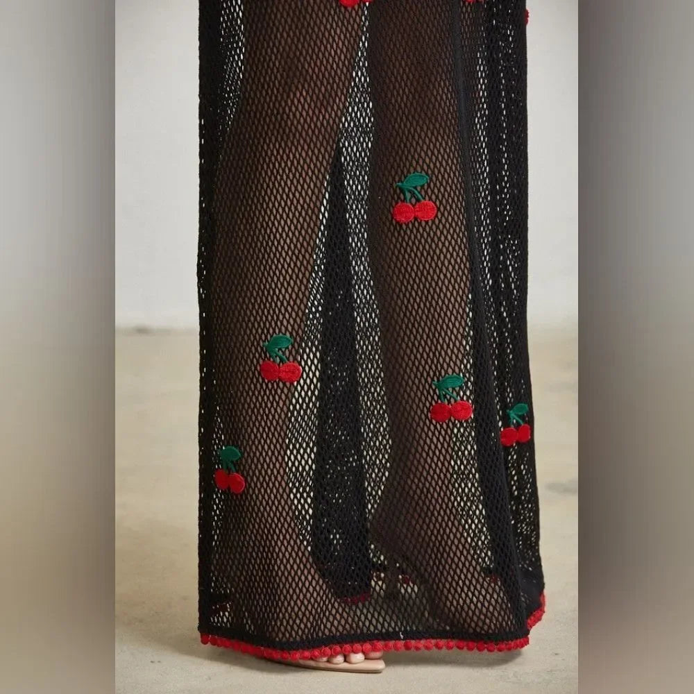 Cherry Open-Knit Maxi Dress/Lingerie/Swimwear Coverup- Black