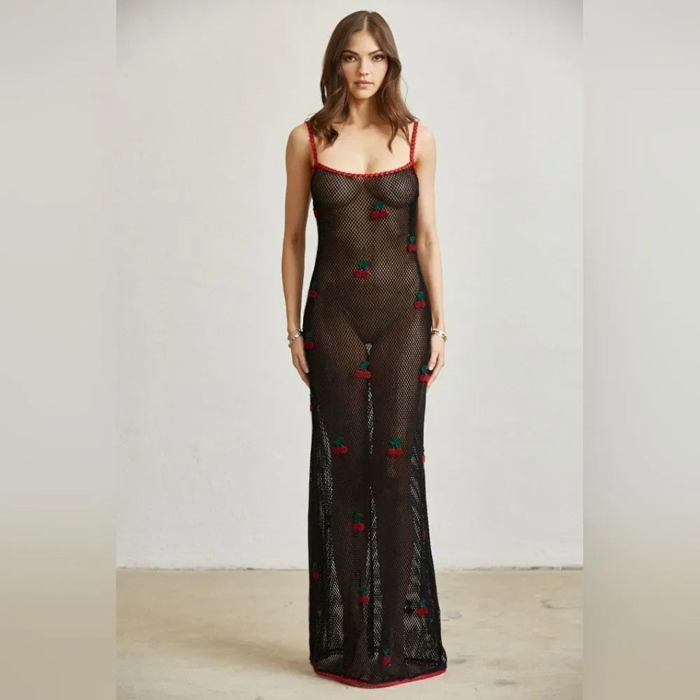Cherry Open-Knit Maxi Dress/Lingerie/Swimwear Coverup- Black