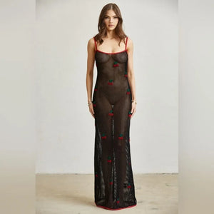 Cherry Open-Knit Maxi Dress/Lingerie/Swimwear Coverup- Black
