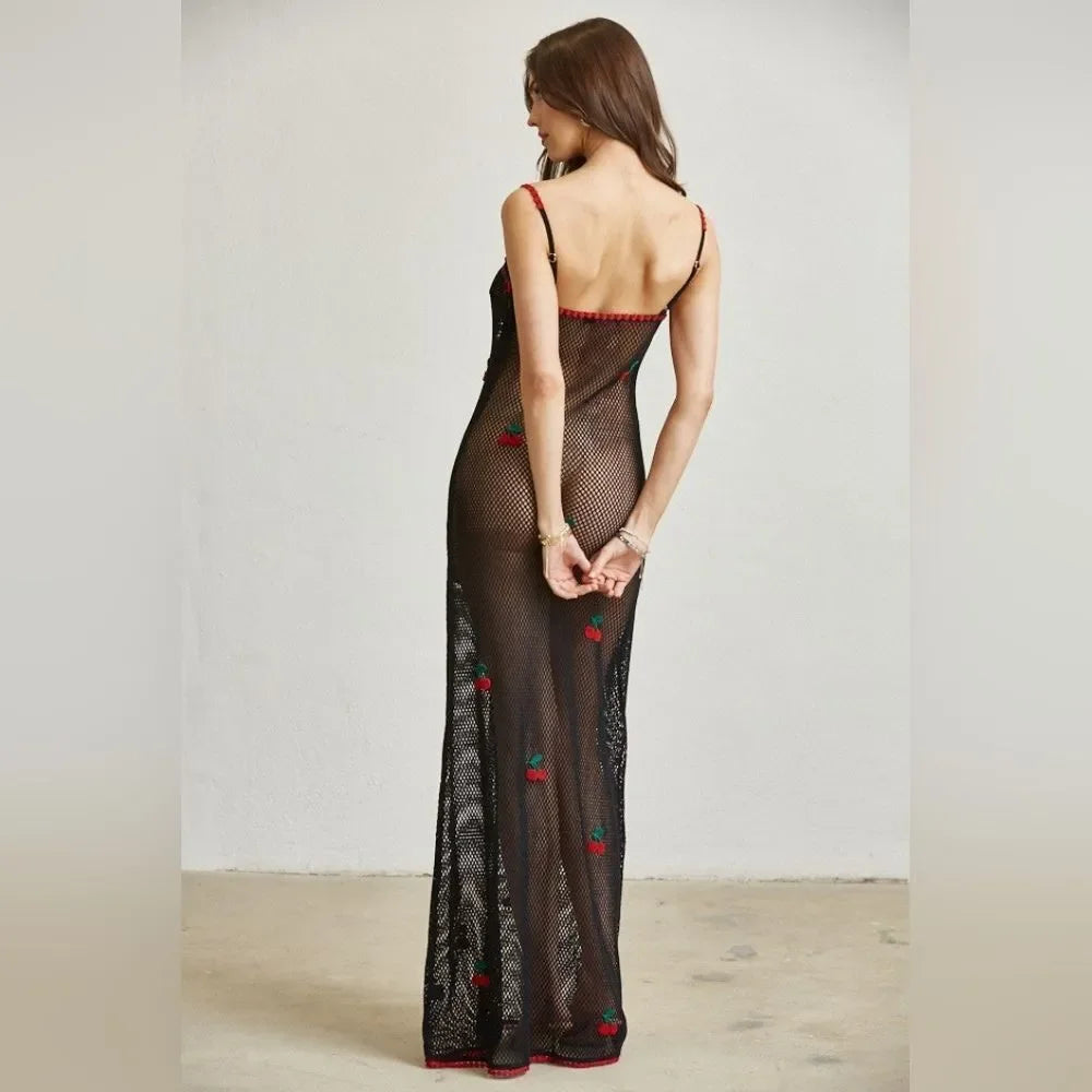 Cherry Open-Knit Maxi Dress/Lingerie/Swimwear Coverup- Black