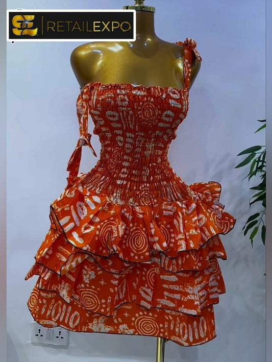 African Ankara Dress- Orange/White