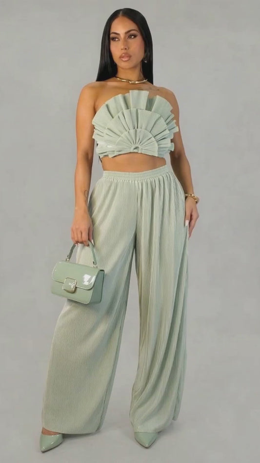 Exotic Pleated Pants Set- Mint