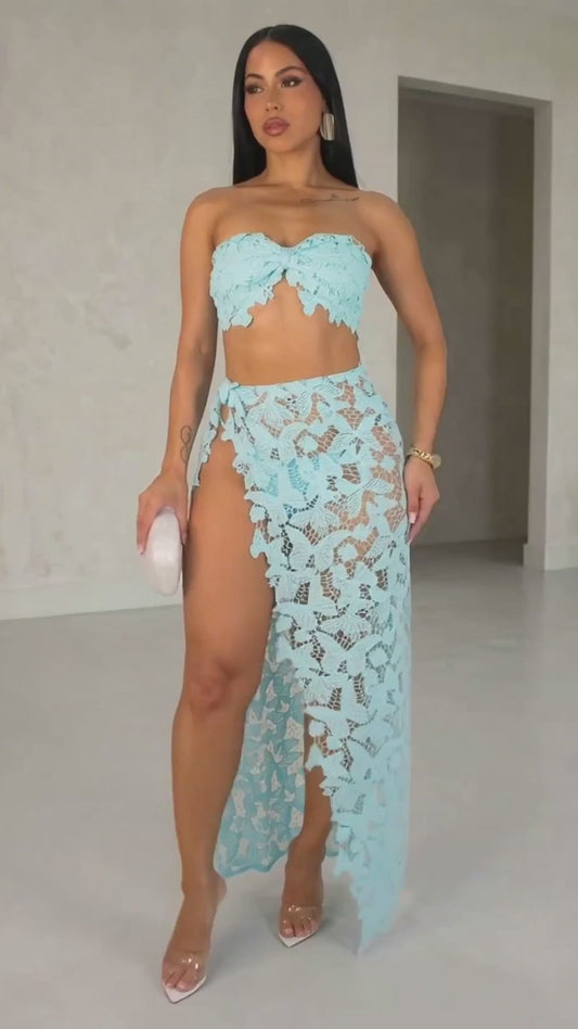 Butterfly Crochet Swimwear Coverup Skirt Set With Matching Underwear- Blue