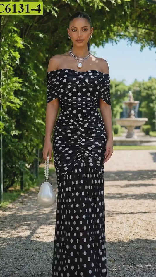Polka Dot Print on Mesh Off Shoulder Maxi Dress- Black