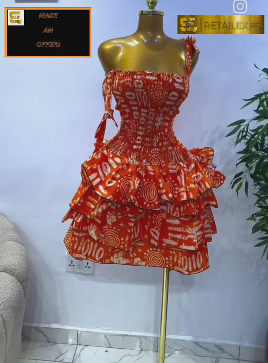 African Ankara Dress- Orange/White
