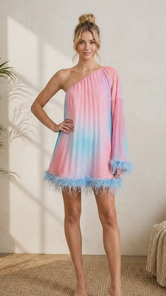 Neapolitan Ombre One Shoulder Long Sleeve Pleated Dress