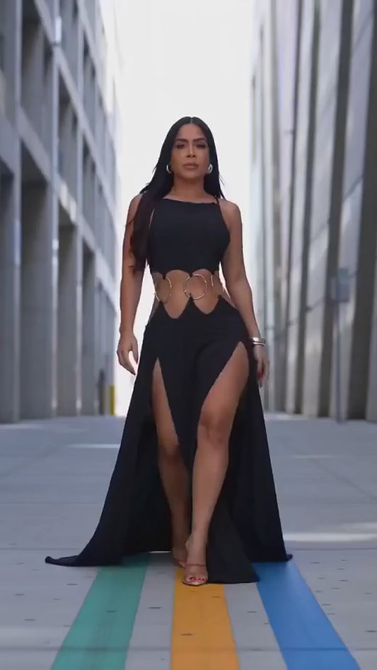Ringed Open Back Slit Up Maxi Dress/Coverup Dress