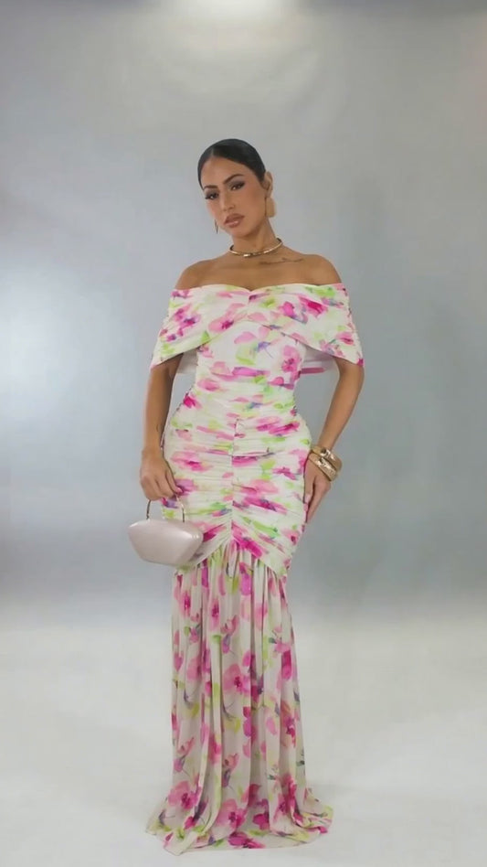 Bouquet of Flowers Off Shoulder Maxi Dress- Pink
