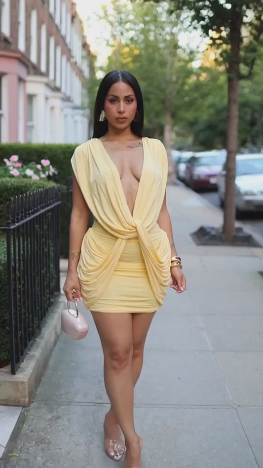 Cross & Back Ruched Mini Dress- Yellow