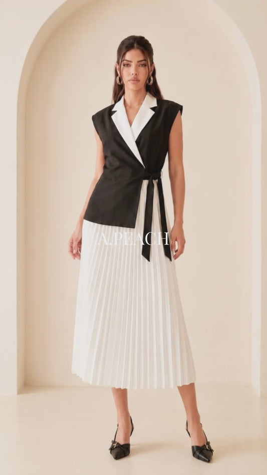 Sleeveless Contrast Suit-Style Midi Dress- Black/White