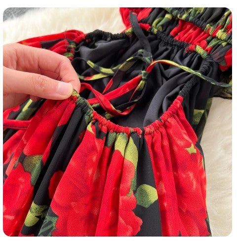 Red Roses Floral Open Back Dress