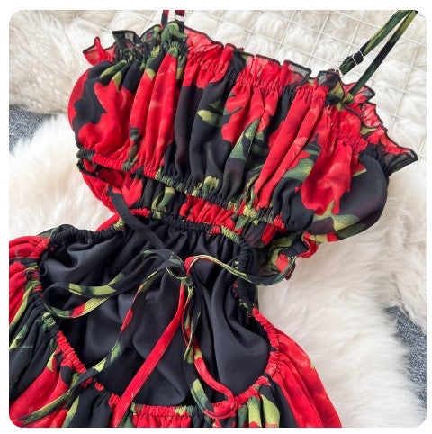 Red Roses Floral Open Back Dress