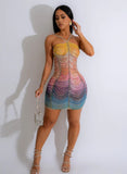 Rhinestone Embellished Rainbow Semi Sheer Dress