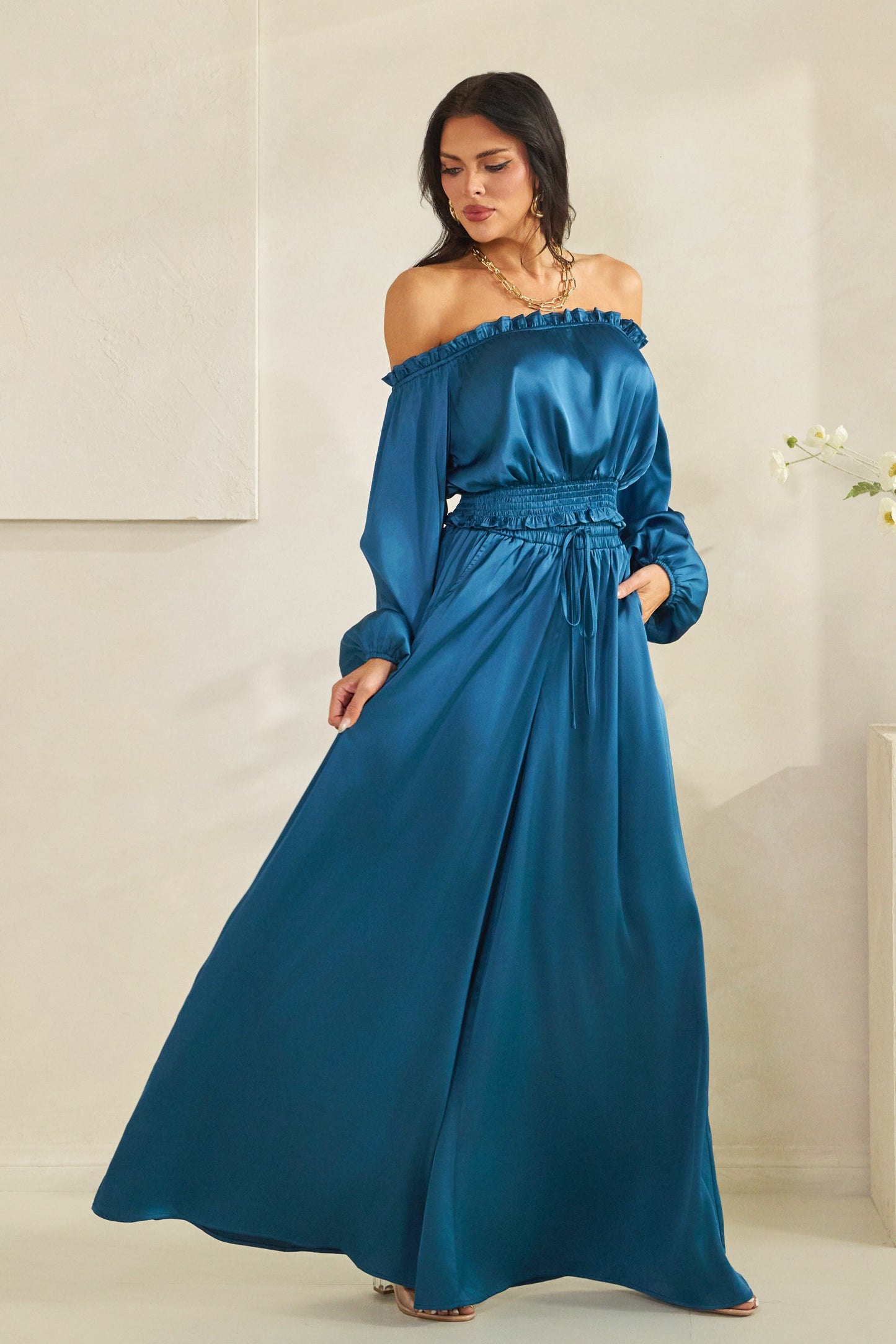 Solid Satin Off Shoulder Lsv Top W/Palazzo Pants Set-Blue