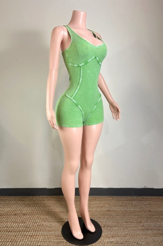 Open Back Ribbed Solid Romper- Green